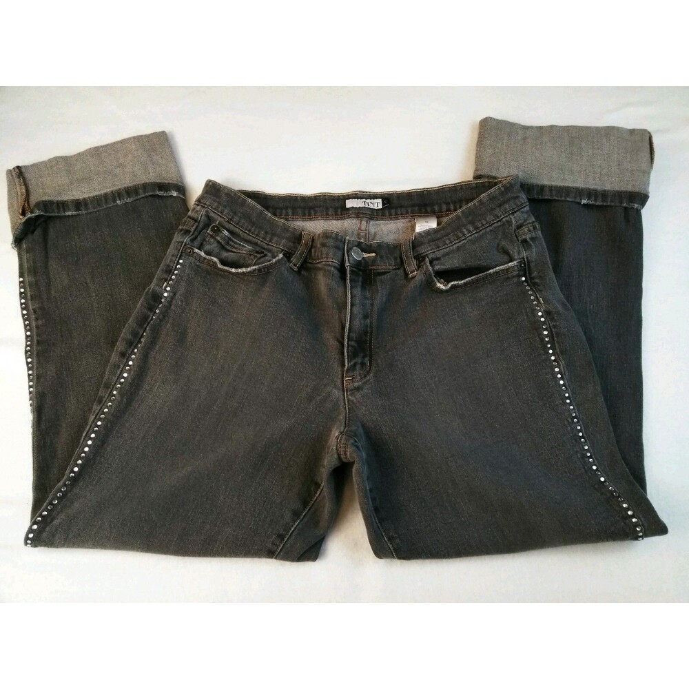 TINT Womens Capri Jean Size 12 Stretch Factory Destressed Bling Accent Cuffed
